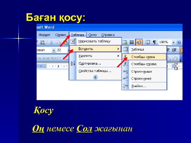 Баған қосу: Таблица Выполните: Қосу Оң немесе Сол  жағынан 