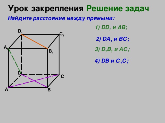 Урок закрепления  Решение задач Найдите расстояние между прямыми: 1) DD 1  и АВ ; D 1 C 1 2) DA 1  и ВС ; A 1 3) D 1 B 1  и АС ; B 1 4) DB и С 1 С ; D C А В 