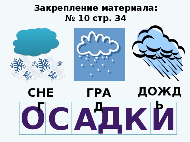 Закрепление материала: № 10 стр. 34 ДОЖДЬ СНЕГ ГРАД О Д С А К И