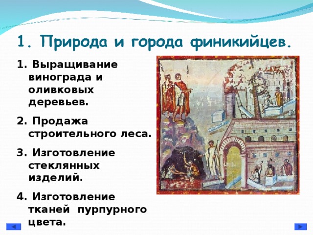  Выращивание винограда и оливковых деревьев.  Продажа строительного леса.  Изготовление стеклянных изделий.  Изготовление тканей пурпурного цвета.  