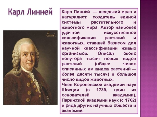 Карл Линне́й  — шведский врач и натуралист, создатель единой системы растительного и животного мира. Автор наиболее удачной искусственной классификации растений и животных, ставшей базисом для научной классификации живых организмов. Описал около полутора тысяч новых видов растений (общее число описанных им видов растений — более десяти тысяч) и большое число видов животных. Член Королевской академии наук Швеции (с 1739, один из основателей академии), Парижской академии наук (с 1762) и ряда других научных обществ и академий.  