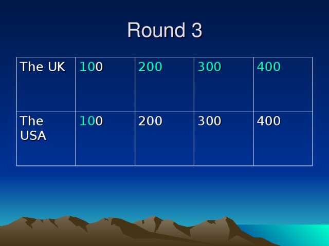 Round 3 The UK 10 0 The USA 20 0 10 0 30 0 20 0 4 00 30 0 4 00