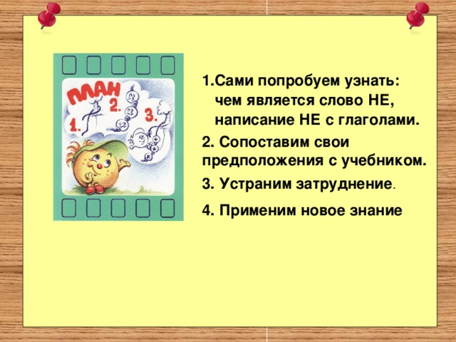 1.Сами попробуем узнать:  чем является слово НЕ,  написание НЕ с глаголами. 2. Сопоставим свои предположения с учебником. 3. Устраним затруднение . 4. Применим новое знание