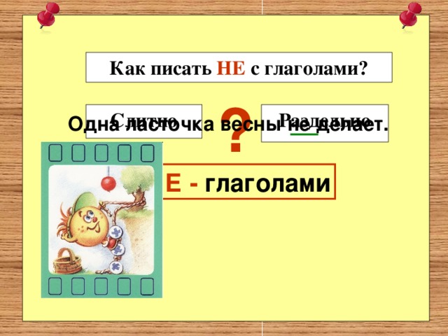 Как писать НЕ с глаголами? ? Слитно Раздельно Одна ласточка весны не делает. НЕ  - глаголами