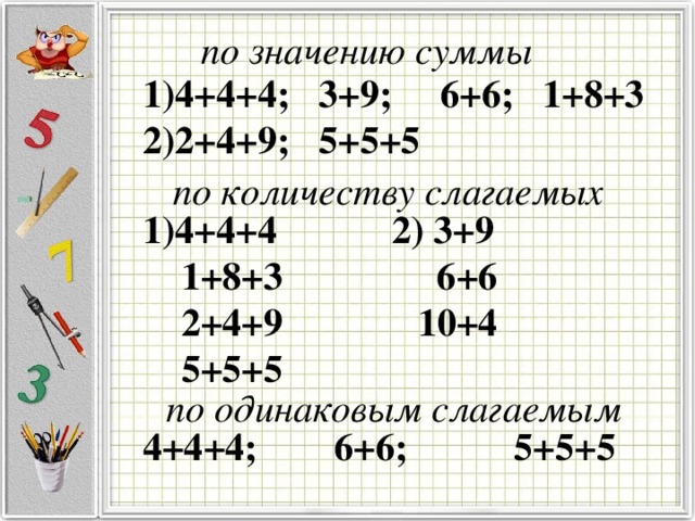 по значению суммы 4+4+4; 3+9; 6+6; 1+8+3 2+4+9; 5+5+5 по количеству слагаемых 4+4+4 2) 3+9  1+8+3 6+6  2+4+9 10+4  5+5+5 по одинаковым слагаемым 4+4+4; 6+6; 5+5+5  