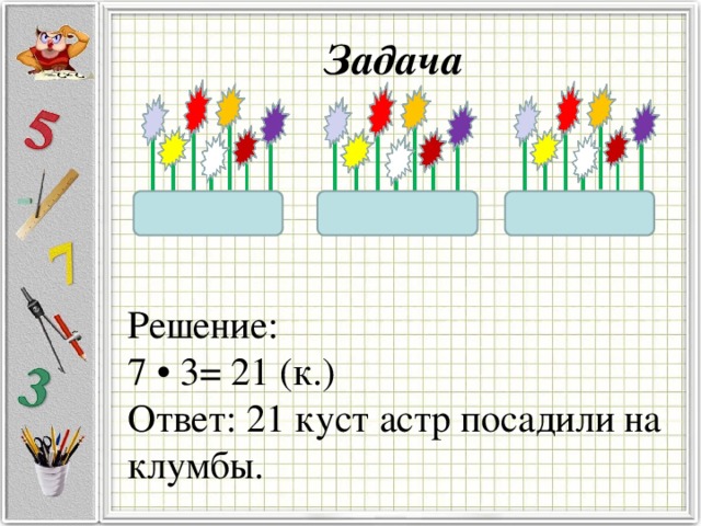 Задача Решение: 7 • 3= 21 (к.) Ответ: 21 куст астр посадили на клумбы.  