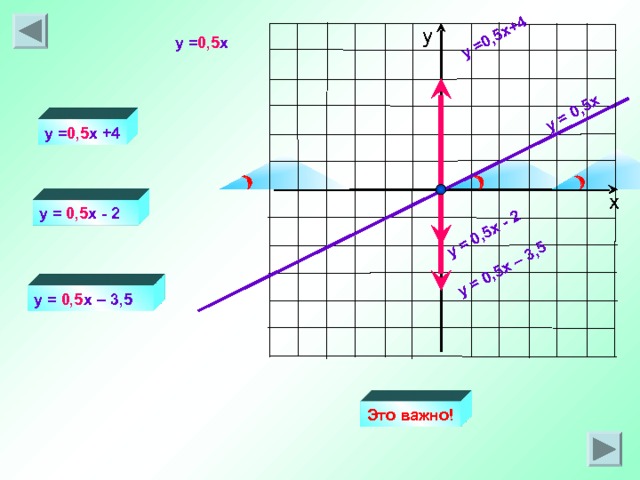 y = 0,5 x y = 0,5 x +4 y = 0,5 x - 2 y = 0,5 x – 3,5 у y = 0,5 x y = 0,5 x +4 х y = 0,5 x - 2 y = 0,5 x – 3,5 Это важно! 