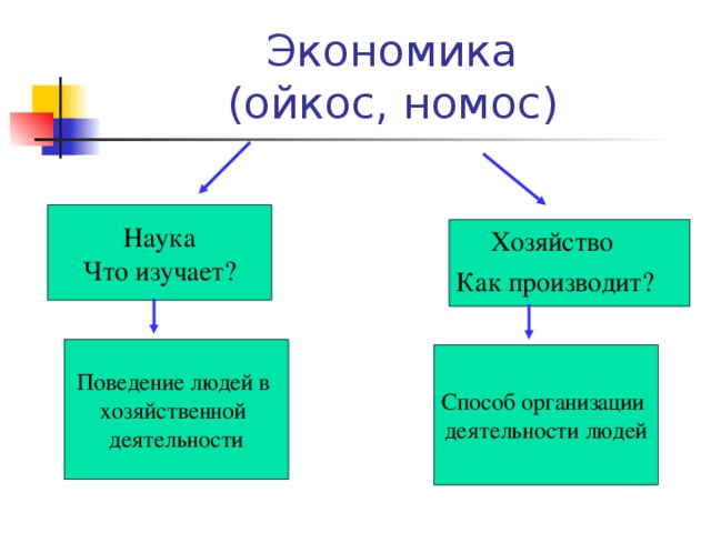 Экономика  (ойкос, номос) Наука Что изучает?  Хозяйство Как производит? Поведение людей в хозяйственной деятельности Способ организации деятельности людей 