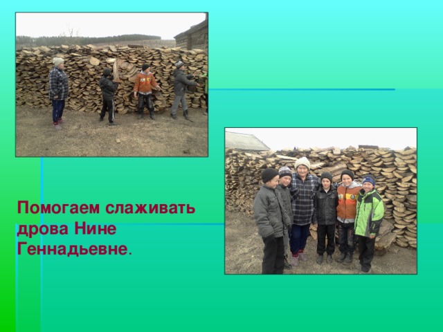 Помогаем слаживать дрова Нине Геннадьевне . 