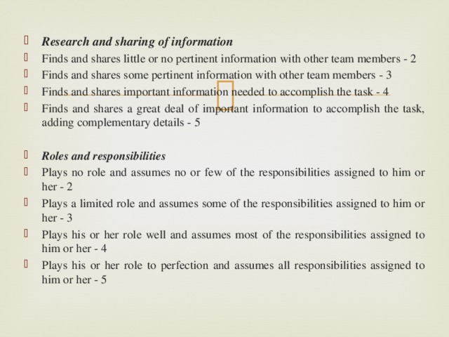 Research and sharing of information    Finds and shares little or no pertinent information with other team members - 2  Finds and shares some pertinent information with other team members - 3  Finds and shares important information needed to accomplish the task - 4  Finds and shares a great deal of important information to accomplish the task, adding complementary details - 5  Roles and responsibilities    Plays no role and assumes no or few of the responsibilities assigned to him or her - 2  Plays a limited role and assumes some of the responsibilities assigned to him or her - 3  Plays his or her role well and assumes most of the responsibilities assigned to him or her - 4  Plays his or her role to perfection and assumes all responsibilities assigned to him or her - 5     