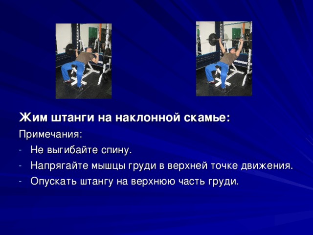 Жим штанги на наклонной скамье: Примечания: Не выгибайте спину. Напрягайте мышцы груди в верхней точке движения. Опускать штангу на верхнюю часть груди. 