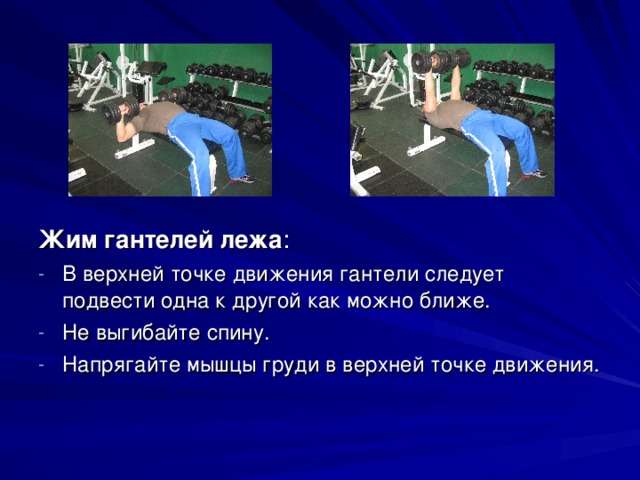 Жим гантелей лежа : В верхней точке движения гантели следует подвести одна к другой как можно ближе. Не выгибайте спину. Напрягайте мышцы груди в верхней точке движения. 