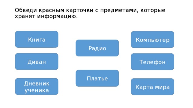Обведи красным карточки с предметами, которые хранят информацию.   Книга Компьютер Радио Диван Телефон Платье Дневник ученика Карта мира