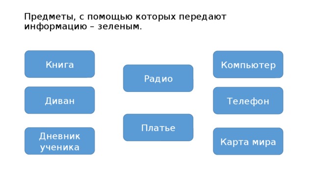 Предметы, с помощью которых передают информацию – зеленым.   Книга Компьютер Радио Диван Телефон Платье Дневник ученика Карта мира