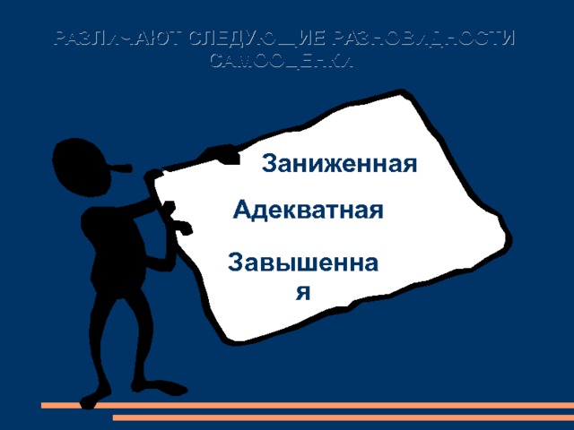 РАЗЛИЧАЮТ СЛЕДУЮЩИЕ РАЗНОВИДНОСТИ САМООЦЕНКИ  Заниженная Адекватная Завышенная 