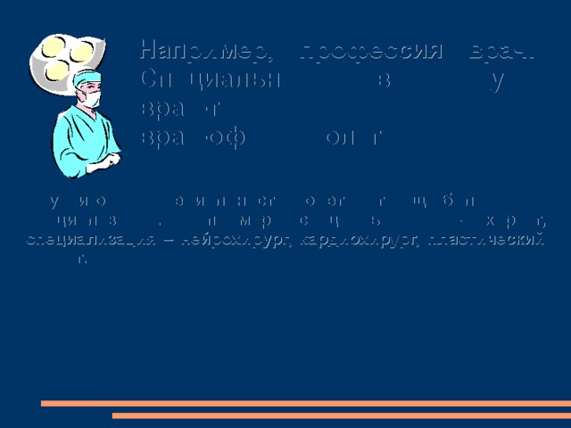 Например, профессия врач. Специальности – врач-хирург, врач-терапевт, врач-офтальмолог. Внутри одной специальности может быть еще более узкая специализация. Например, специальность – хирург, специализация – нейрохирург, кардиохирург, пластический хирург. 