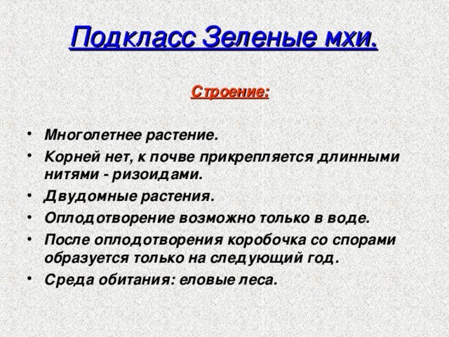 Подкласс Зеленые мхи. Строение: