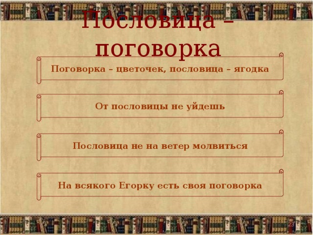 Пословица – поговорка Поговорка – цветочек, пословица – ягодка От пословицы не уйдешь Пословица не на ветер молвиться На всякого Егорку есть своя поговорка 19 19