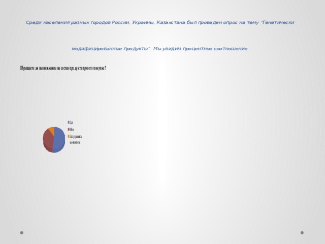 Среди населения разных городов России, Украины, Казахстана был проведен опрос на тему “Генетически модифицированные продукты”. Мы увидим процентное соотношение. 