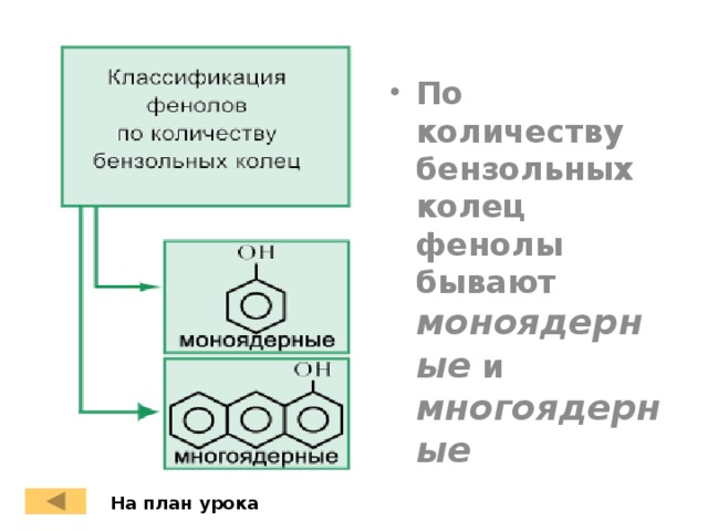 По количеству бензольных колец фенолы бывают  моноядерные  и  многоядерные  На план урока 