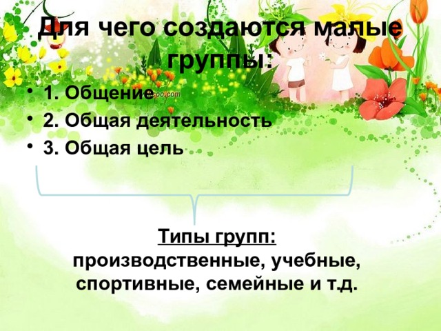 Для чего создаются малые группы: 1. Общение 2. Общая деятельность 3. Общая цель Типы групп: производственные, учебные, спортивные, семейные и т.д. 