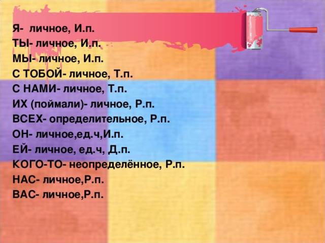 Я- личное, И.п. ТЫ- личное, И.п. МЫ- личное, И.п. С ТОБОЙ- личное, Т.п. С НАМИ- личное, Т.п. ИХ (поймали)- личное, Р.п. ВСЕХ- определительное, Р.п. ОН- личное,ед.ч,И.п. ЕЙ- личное, ед.ч, Д.п. КОГО-ТО- неопределённое, Р.п. НАС- личное,Р.п. ВАС- личное,Р.п. 