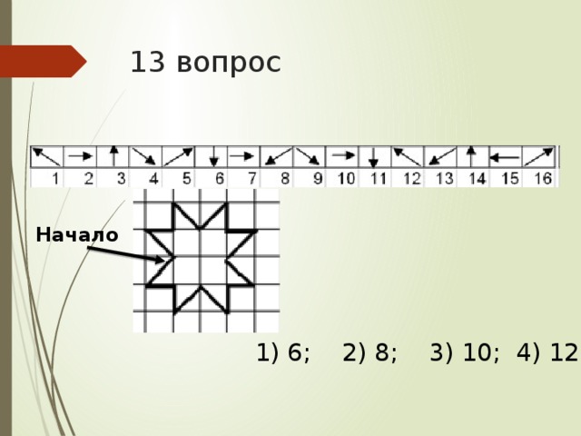 13 вопрос  Начало 1) 6;  2) 8;  3) 10;  4) 12.