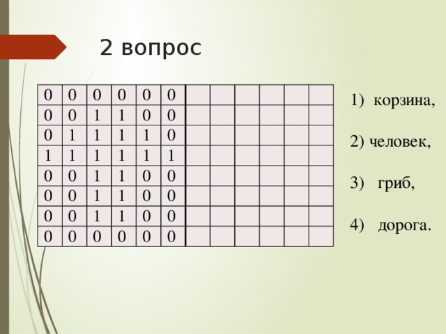 2 вопрос 0 0 0 0 0 0 0 1 1 1 1 1 0 1 0 1 1 0 0 0 0 0 1 0   1 1 0 1 1 0 0 1     0 1 0   1 0   1       0     1 0 0   0   0 0             0   0       0                                                      корзина, человек, 3) гриб,  4) дорога.