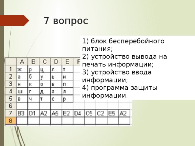 7 вопрос 1) блок бесперебойного питания; 2) устройство вывода на печать информации; 3) устройство ввода информации; 4) программа защиты информации.