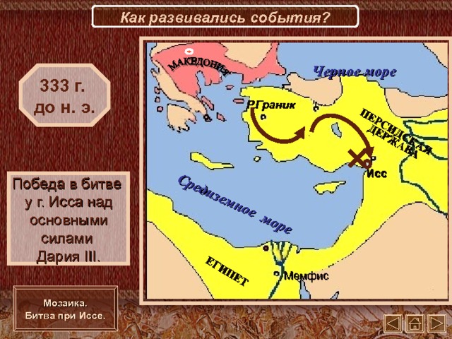 ПЕРСИДСКАЯ ДЕРЖАВА ЕГИПЕТ Средиземное море Как развивались события? Черное море 333 г. до н. э. Р.Граник Исс Победа в битве у г. Исса над основными силами Дария III . Мемфис Мозаика. Битва при Иссе.