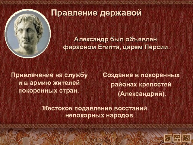 Правление державой Александр был объявлен фараоном Египта, царем Персии. Создание в покоренных районах крепостей (Александрий). Привлечение на службу и в армию жителей покоренных стран. Жестокое подавление восстаний непокорных народов