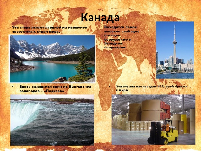 Канада Находится самое высокое свободно стоящее сооружение в Западном полушарии Эта стара является одной из наименее заселенных стран мира.  Здесь находится один из Ниагарских водопадов - «Подкова» Эта страна производит 40% всей бумаги в мире 