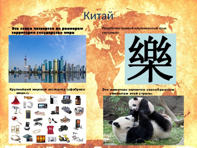 Китай Эта стана четвертое по размерам территории государство мира Разработан единый национальный язык «путунхуа» Крупнейший мировой экспортёр («фабрика мира»). Это животное является своеобразным символом этой страны 