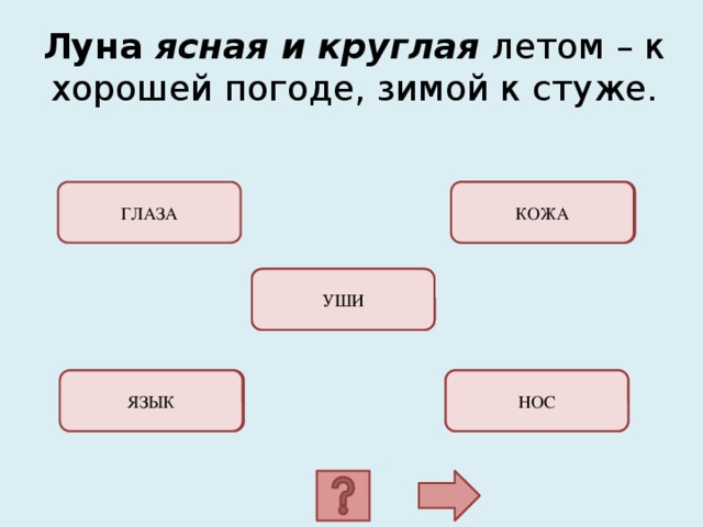 Луна ясная и круглая летом – к хорошей погоде, зимой к стуже. ОШИБКА! ГЛАЗА КОЖА ОШИБКА! УШИ ОШИБКА! ОШИБКА! НОС ЯЗЫК 