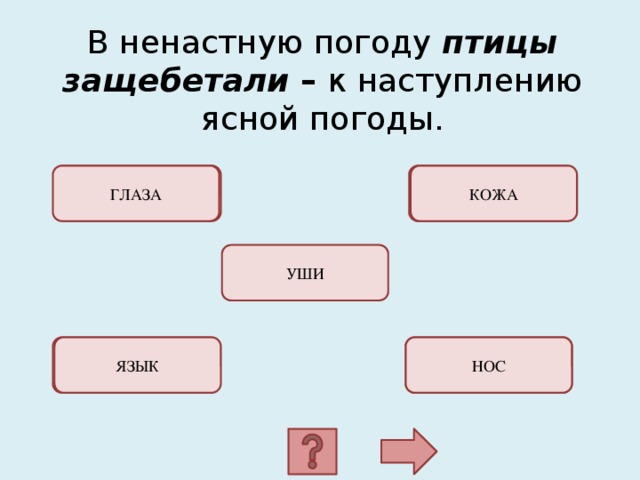 В ненастную погоду птицы защебетали – к наступлению ясной погоды. ОШИБКА! ОШИБКА! ГЛАЗА КОЖА УШИ ОШИБКА! ОШИБКА! НОС ЯЗЫК 