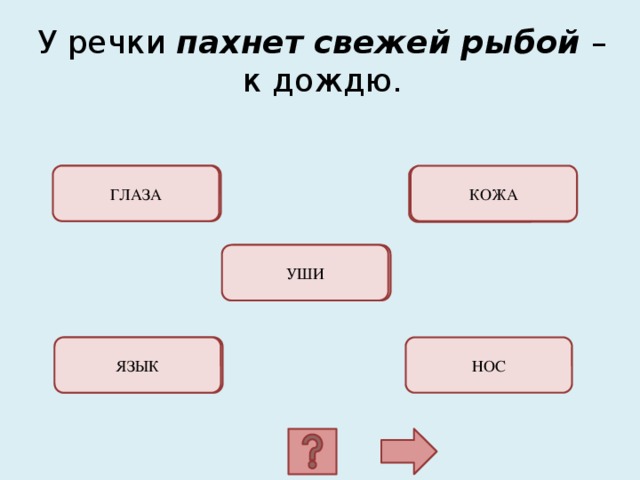 У речки пахнет свежей рыбой – к дождю. ОШИБКА! ГЛАЗА КОЖА ОШИБКА! ОШИБКА! УШИ ОШИБКА! НОС ЯЗЫК 