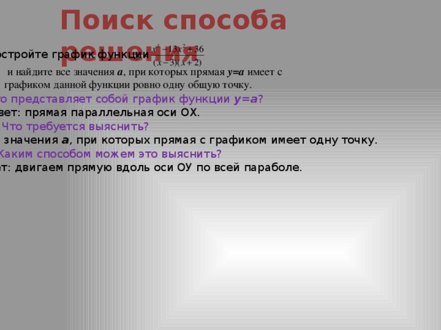 Поиск способа решения Постройте график функции  и найдите все значения а , при которых прямая у=а имеет с графиком данной функции ровно одну общую точку. 1. Что представляет собой график функции у=а ? Ответ: прямая параллельная оси ОХ. 2. Что требуется выяснить? Ответ: значения а , при которых прямая с графиком имеет одну точку. 3. Каким способом можем это выяснить? Ответ: двигаем прямую вдоль оси ОУ по всей параболе. 