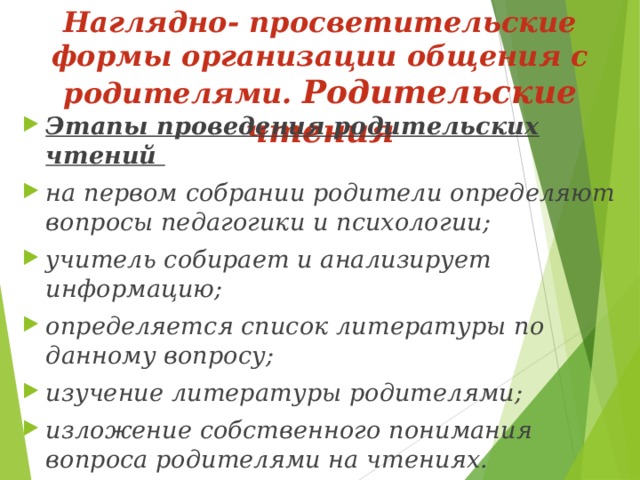 Наглядно- просветительские формы организации общения с родителями. Родительские чтения Этапы проведения родительских чтений на первом собрании родители определяют вопросы педагогики и психологии; учитель собирает и анализирует информацию; определяется список литературы по данному вопросу; изучение литературы родителями; изложение собственного понимания вопроса родителями на чтениях.  