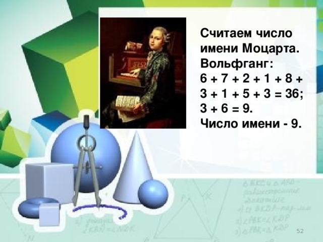 Считаем число имени Моцарта. Вольфганг: 6 + 7 + 2 + 1 + 8 + 3 + 1 + 5 + 3 = 36; 3 + 6 = 9. Число имени - 9.   