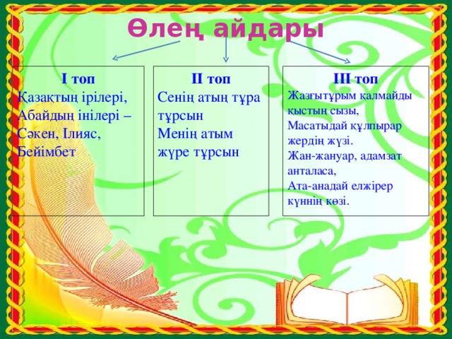 Өлең айдары   І топ Қазақтың ірілері, Абайдың інілері – Сәкен, Ілияс, Бейімбет ІІ топ Сенің атың тұра тұрсын Менің атым жүре тұрсын ІІІ топ Жазғытұрым қалмайды қыстың сызы, Масатыдай құлпырар жердің жүзі. Жан-жануар, адамзат анталаса, Ата-анадай елжірер күннің көзі. 