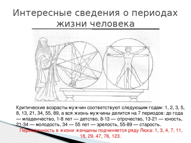 Интересные сведения о периодах жизни человека Критические возрасты мужчин соответствуют следующим годам: 1, 2, 3, 5, 8, 13, 21, 34, 55, 89, а вся жизнь мужчины делится на 7 периодов: до года — младенчество, 1-8 лет — детство, 8-13 — отрочество, 13-21 — юность, 21-34 — молодость, 34 — 55 лет — зрелость, 55-89 — старость. Периодичность в жизни женщины подчиняется ряду Люка: 1, 3, 4, 7, 11, 18, 29, 47, 76, 123.    
