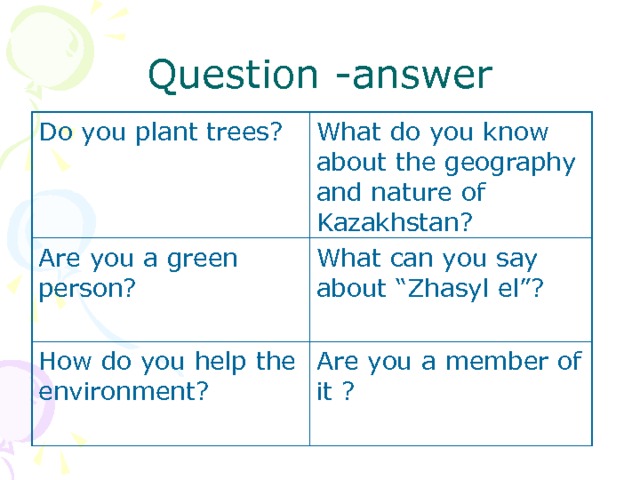 Question -answer Do you plant trees? Are you a green person? What do you know about the geography and nature of Kazakhstan? What can you say about “Zhasyl el”? How do you help the environment? Are you a member of it ? 