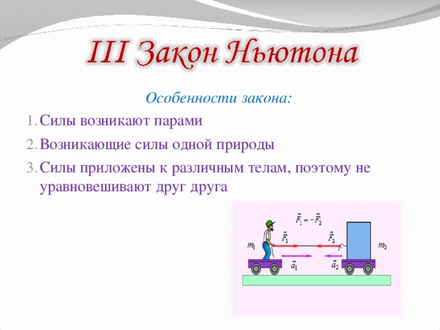  Особенности закона: Силы возникают парами Возникающие силы одной природы Силы приложены к различным телам, поэтому не уравновешивают друг друга 