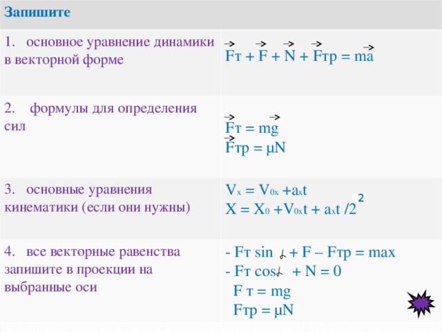 Запишите 1. основное уравнение динамики в векторной форме F т + F +  N + F тр = ma 2. формулы для определения сил F т = mg F тр = µ N 3. основные уравнения кинематики (если они нужны) 4. все векторные равенства запишите в проекции на выбранные оси V x = V 0x + а х t X = X 0 +V 0x t + a x t /2 - F т sin + F – F тр = max - F т cos + N = 0  F т = mg   F тр = µN 2 