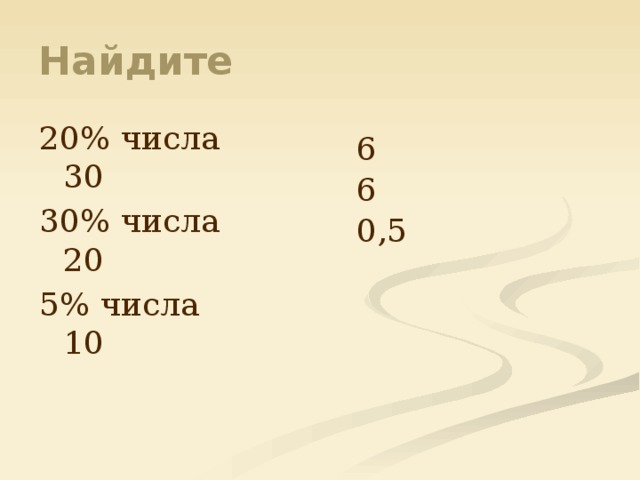 Найдите 20% числа 30 30% числа 20 5% числа 10 6 6 0,5 