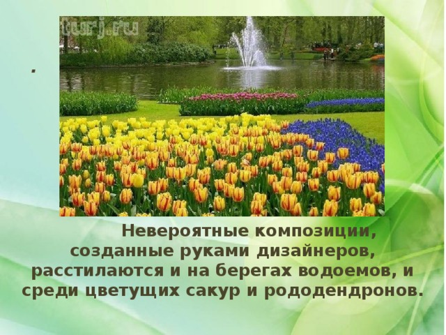 . .  Невероятные композиции, созданные руками дизайнеров, расстилаются и на берегах водоемов, и среди цветущих сакур и рододендронов. 
