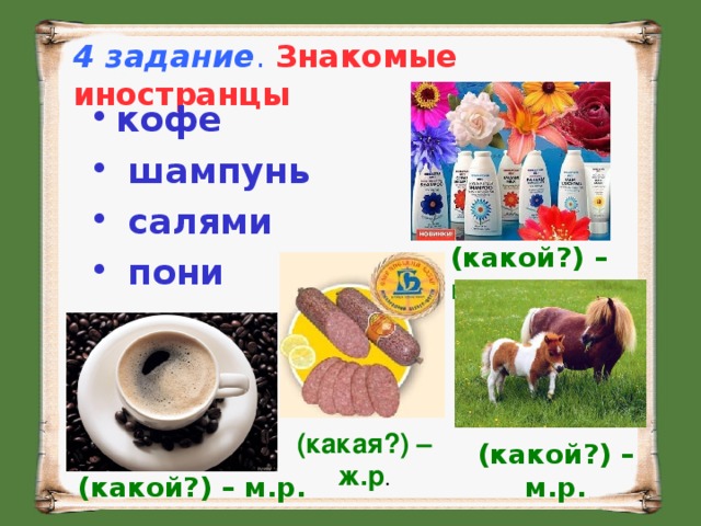 4 задание .  Знакомые иностранцы  кофе  шампунь  салями  пони (какой?) – м.р. (какая?) – ж.р . (какой?) – м.р. (какой?) – м.р.