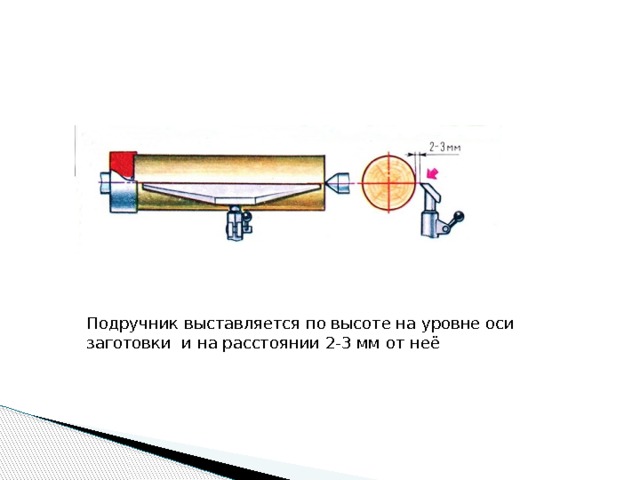 Подручник выставляется по высоте на уровне оси заготовки и на расстоянии 2-3 мм от неё 