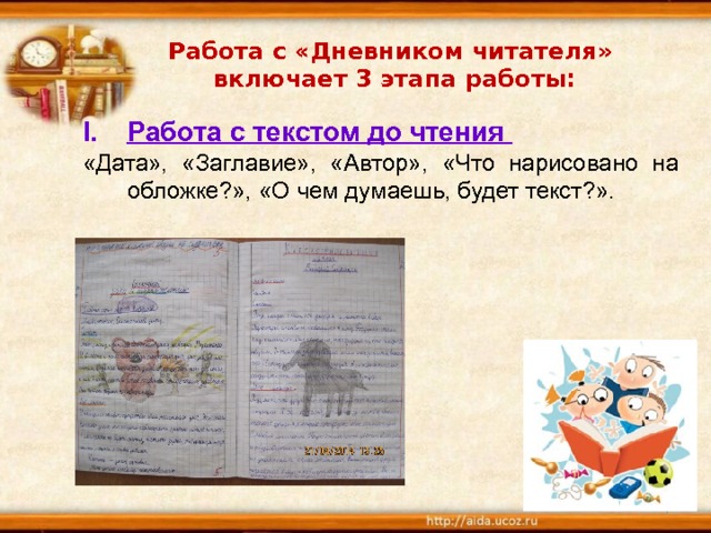 Работа с «Дневником читателя» включает 3 этапа работы: Работа с текстом до чтения  «Дата», «Заглавие», «Автор», «Что нарисовано на обложке?», «О чем думаешь, будет текст?».  