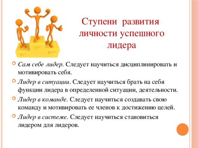 Ступени  развития личности успешного лидера Сам себе лидер.  Следует научиться дисциплинировать и мотивировать себя. Лидер в ситуации . Следует научиться брать на себя функции лидера в определенной ситуации, деятельности. Лидер в команде.  Следует научиться создавать свою команду и мотивировать ее членов к достижению целей. Лидер в системе.  Следует научиться становиться лидером для лидеров. 